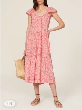 THE GREAT. Pink Floral Scoop-Neck Tiered Midi Dress